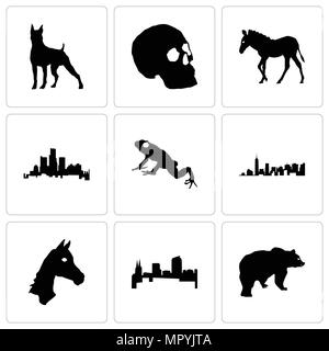 Set Of 9 simple editable icons such as bear, colorado, horse face, frog, michigan state, zebra, skull, boxer, can be used for mobile, web Stock Vector