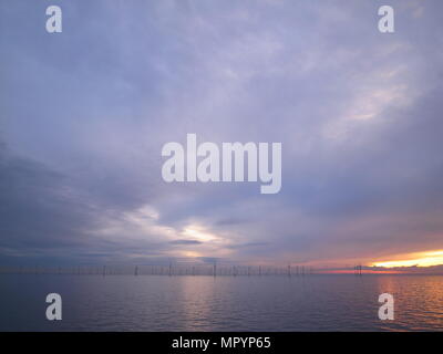 Out Newton wind farm off the Holderness coast viewed from cargo ship entering the Humber Estuary as the sun sets over Holderness Stock Photo