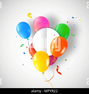 Birthday balloons with circle paper card template for special message. Colorful party confetti decoration and copy space. EPS10 vector. Stock Vector