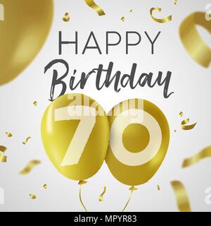 Happy Birthday 70 seventy years, luxury design with gold balloon number and golden confetti decoration. Ideal for party invitation or greeting card. E Stock Vector