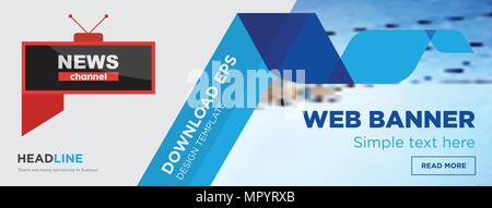 all news channel concept horizontal webpage banner template design on abstract background with flat modern isolated vector icon and geometric shapes. Stock Vector