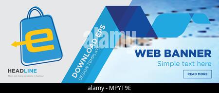 eshop concept horizontal webpage banner template design on abstract background with flat modern isolated vector icon and geometric shapes. Stock Vector