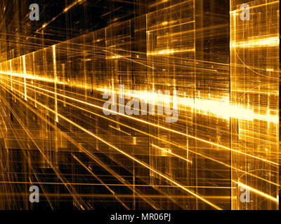 Golden background with glossy surface, perspective and rays. Abstract computer-generated image. For web design, covers, poster. Sci-fi or vr concept. Stock Photo