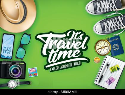 It's Travel Time Typography with Realistic Hat, Passport, Camera, Phone, Watch, Compass and Pair of Shoes  in Green Background Top View Banner. Vector Stock Vector