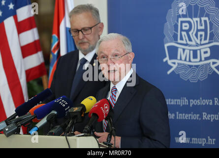 Zagreb, Croatia. 24th May, 2018. U.S. Attorney General Jeff Sessions (R) speaks during a press conference with Croatian Interior Minister Davor Bozinovic in Zagreb, capital of Croatia, on May 24, 2018. Sessions met with Croatian President Kolinda Grabar-Kitarovic and regional officials here on Thursday to discuss security issues, according to a president's office statement and Croatian news agency Hina reports. Credit: Robert Anic/Xinhua/Alamy Live News