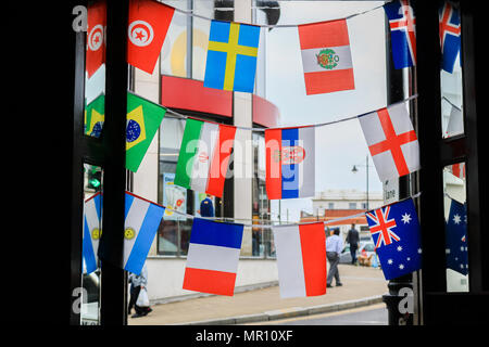 Wimbledon London,UK.  25th May 2018. Bunting for 32 qualifiying nations of the 2018 Russia World Cup  are displayed in a pub in Wimbledon as the countdown begins until the start of the major international soccer tournament which begins on 14 June 2018 Credit: amer ghazzal/Alamy Live News Stock Photo