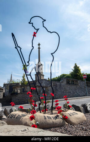 Selkirk , War Memorial, UK. 25.May.2018.    Selkirk has commemorated the 100th anniversary of the end of the First World War with the installation of a striking outline of a British Tommy at the war memorial.  The evocative 6ft silhouette of a British soldier was purchased from the national There But Not There campaign, thanks to funding from the town's Rotary club, Fleece Bar and Kitchen, the royal burgh's casting associations, the Coulson family and other Souters. Credit: Rob Gray/Alamy Live News Stock Photo