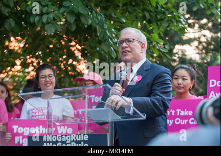 New York City Comptroller Scott Strigner speaks at Title X (Title Ten) gag rule rally in New York City, hosted by Planned Parenthood of New York City on May 24th 2018, reacting the President Trump's attempt to ban Medicaid and federal funding to medical providers who provide full, legal medical information to patients wanting or needing abortion services. Stock Photo