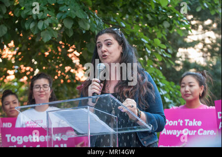 Nurse Melissa Kleckner speaks at a Title X (Title Ten) gag rule rally in New York City, hosted by Planned Parenthood of New York City on May 24th 2018, reacting the President Trump's attempt to ban Medicaid and federal funding to medical providers who provide full, legal medical information to patients wanting or needing abortion services. Stock Photo