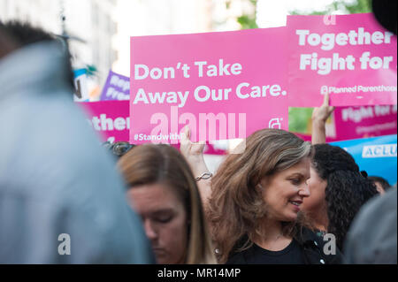 Title X (Title Ten) gag rule rally in New York City, hosted by Planned Parenthood of New York City on May 24th 2018, reacting the President Trump's attempt to ban Medicaid and federal funding to medical providers who provide full, legal medical information to patients wanting or needing abortion services. Stock Photo