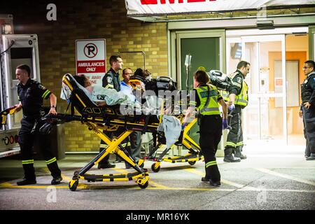 May 24, 2018 - Mississauga, Canada - Victims of the bombing at Bombay Bhel arrive at Sunnybrook Trauma Centre. Fifteen people were rushed to hospital, 3 in critical condition, after a bomb exploded in a Mississauga, Canada, Indian Restaurant. The explosion happened around 10:30 PM in the Toronto suburb, west of the city. Police are searching for two suspects. (Credit Image: © Victor Biro via ZUMA Wire)