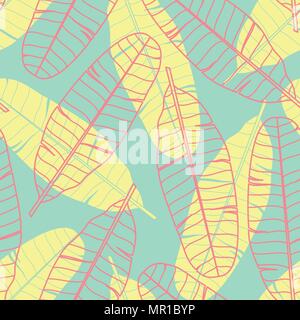 Banana leaves in red outline and yellow silhouette random on blue background. Seamless pattern background design for Summer season in vector illustrat Stock Vector