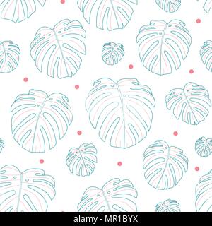 Green outline monstera and pink dots random on white background. Seamless pattern background design for Summer season in vector illustration. Stock Vector