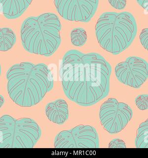 Red outline monstera with blue plane random on pink background. Seamless pattern background design for Summer season in vector illustration. Stock Vector