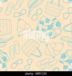 Summer fashion stuff in blue outline random on pastel background. Seamless pattern background design for Summer season in vector illustration. Stock Vector