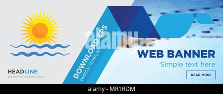 rising sun concept horizontal webpage banner template design on abstract background with flat modern isolated vector icon and geometric shapes Stock Vector
