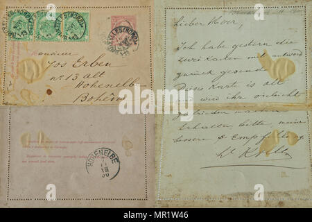 Front and backside of vintage envelope and letter sent from Belgium to Bohemia in Germany in 1900 Stock Photo