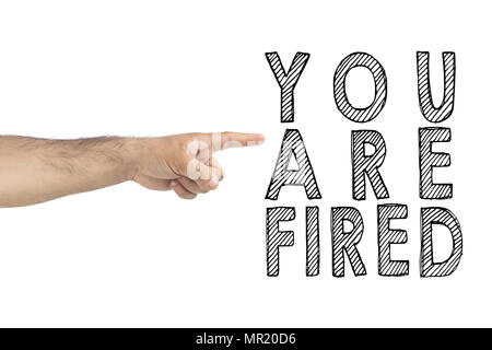 You are fired. boss gesturing way out hand sign with index finger. BUSINESSMAN FIRED EMPLOYEE. HR, business, concept. Stock Photo