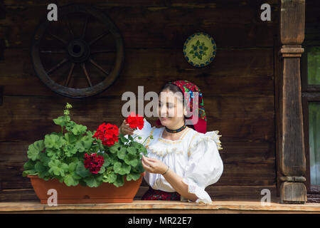 Portrait of a beautiful young woman wearing traditional Romanian clothes, in Maramures Stock Photo