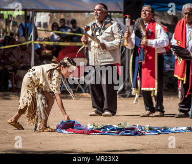 A young Chumash Native American girl is donating money at the annual Chumash pow wow gathering in Live Oak Camp in Santa Ynez california. Stock Photo