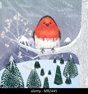 An illustration of a Robin, sat on a branch, in the wind and snow. Stock Photo