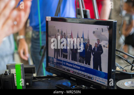 New York Giants are a National Football League team established in 1925 and based in East Rutherford, New Jersey. This archival image documents a television broadcasting a live Giants draft selection at Joint Base McGuire-Dix-Lakehurst, New Jersey, on April 29, 2017, during the 2017 NFL Draft. Stock Photo