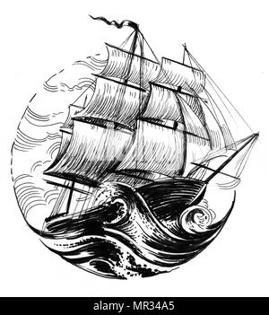Tall sailing ship in stormy sea. Ink black and white illustration Stock ...