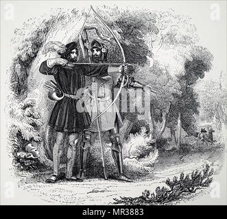 Illustration depicting Robin Hood, a heroic outlaw in English folklore who, according to legend, was a highly skilled archer and swordsman. Dated 14th century Stock Photo