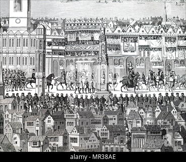 Engraving depicting the coronation procession of King Edward VI (1537-1553) who crowned King at the age of nine. Dated 16th century Stock Photo