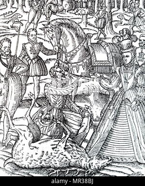 Engraving depicting Queen Elizabeth I on the hunting field to perform the ceremony of assaying the stag and is handed the knife by the huntsman.  Elizabeth I (1533-1603) Queen of England and Ireland. Dated 16th century Stock Photo