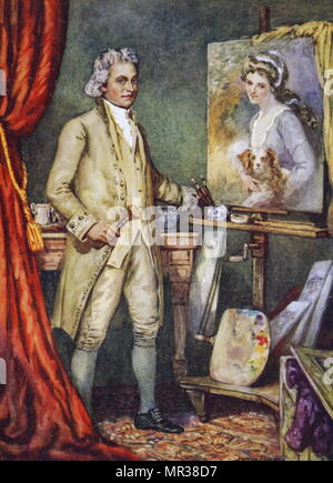 Painting depicting George Romney painting a portrait of Lady Hamilton. George Romney (1734-1802) an English portrait painter. Dated 18th century Stock Photo