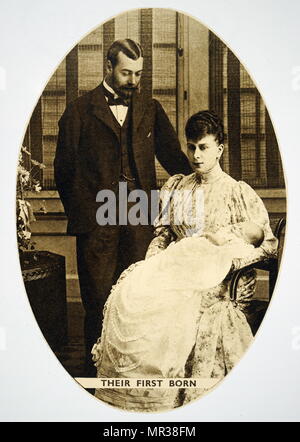 Photograph of King George V and Queen Mary of Teck with their first child HM Edward VIII. King George V (1865-1936) King of the United Kingdom and the British Dominions, and Emperor of India. Queen Mary of Teck (1867-1953) Queen of the United Kingdom and the British Dominions and Empress of India as the wife of King-Emperor George V. HM Edward VIII (1894-1972) King of the United Kingdom and the Dominions of the British Empire, and Emperor of India. Dated 19th century Stock Photo