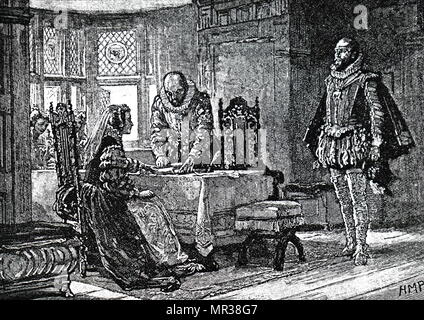 Engraving depicting Mary, Queen of Scots signing her deed of abdication in Lochleven Castle. Dated 16th century Stock Photo