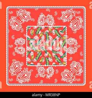 Bandana red silk scarf paisley vector design. Stock Vector