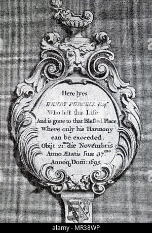 Engraving depicting the gravestone of Henry Purcell. Henry Purcell (1659-1695) an English composer. Dated 17th century Stock Photo