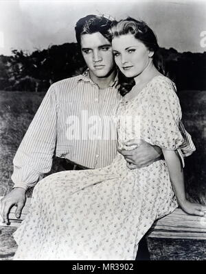 Photograph of Elvis and Priscilla Presley while on the set of 'Love me Tender'. Elvis Presley (1935-1977) an American singer, musician, and actor. Priscilla Presley (1945-) an American actress and business magnate. Dated 20th century Stock Photo