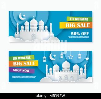 Eid mubarak sale banner with crescent moon paper art background. Ramadan Kareem template. Use for invitations, greeting card, poster, flyer, brochure, Stock Vector