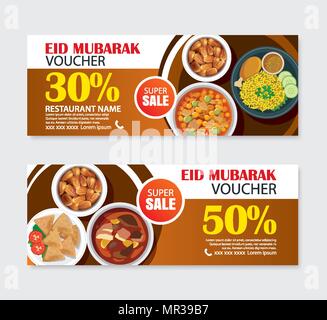 Eid Mubarak sale banner voucher with food background. Ramadan Kareem vector illustration. Use for cover, poster, flyer, brochure, label, coupon emplat Stock Vector