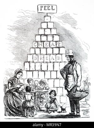 Cartoon depicting Punch's monument to Sir Robert Peel who repealed the Corn Laws of 1846. Sir Robert Peel (1788-1850) a British statesman, former Prime Minister, former Home Secretary and the father of modern British policing and the modern Conservative Party. Dated 19th century Stock Photo