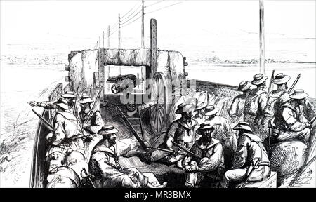 Illustration depicting the rear of an armoured train with a Gatling gun used during a war in Egypt. Dated 19th century Stock Photo