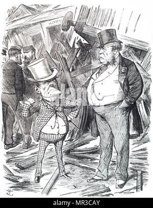 Cartoon titled 'Conscience makes Cowards!'. Depicted is Mr Punch confronting a railway director about the increasing number of major railway accidents due to the administration being unable to keep up with the increasing volume of traffic. Illustrated by Joseph Swain (1820-1909) an English wood-engraver. Dated 19th century Stock Photo