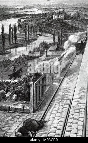 Engraving depicting a woman who had been struck by a train at a level crossing. Dated 19th century Stock Photo