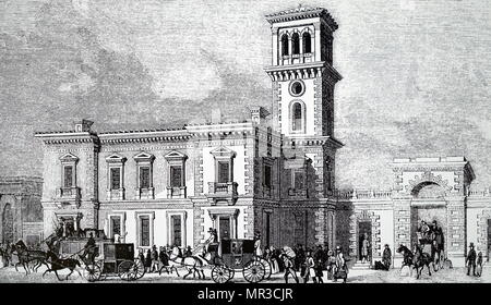 Engraving depicting the exterior of London Bridge Station, the terminus of the South Eastern, Greenwich, Brighton and Croydon Railways. Dated 19th century Stock Photo