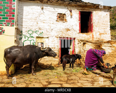 Indian womans at their daily routine at remote Sanouli Village, where Jim Corbett shot the Panar maneating leopard, Kumaon Hills, Uttarakhand, India Stock Photo