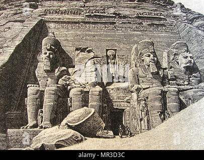 Facade of the Great Temple at Abu Simbel, Egypt as it originally was in 1888 (i.e. before relocation) Stock Photo