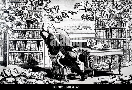 Cartoon depicting Dr Syntax, having spent the evening in My Lord's library, dreaming he is in The Strand with book flying all around him. Dr. Syntax, a comic character created by William Combe and the cartoonist Thomas Rowlandson. William Combe (1742-1823) a British miscellaneous writer. Thomas Rowlandson (1756-1827) an English artist and caricaturist. Dated 19th century Stock Photo