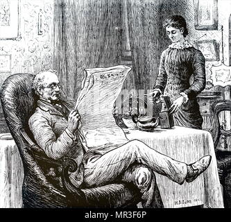 Illustration depicting an older gentleman reading his newspaper as his daughter prepares tea for him. Dated 19th century Stock Photo