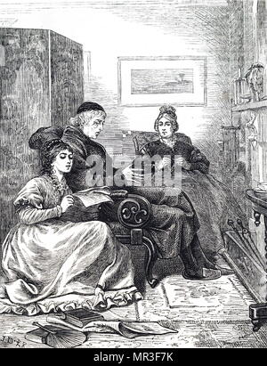 Illustration depicting a young lady reading a newspaper aloud to her mother and father. Dated 19th century Stock Photo