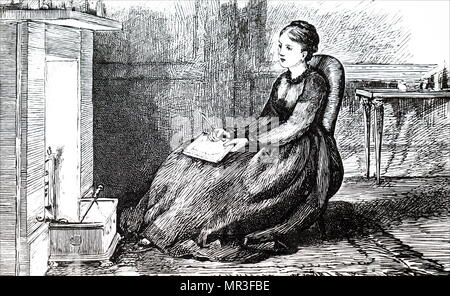 Illustration depicting a young woman writing a letter seated before an open fire with a fender in front of it. Dated 19th century