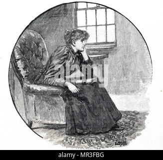 Illustration depicting a young woman writing a letter with an inkwell resting on her knee. Dated 19th century
